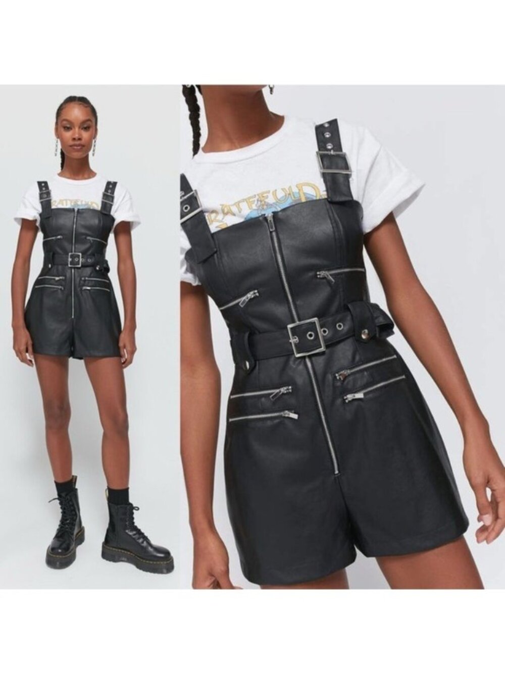NWT WeWoreWhat Vegan Leather Moto Shortalls S Black Romper Belted Silver